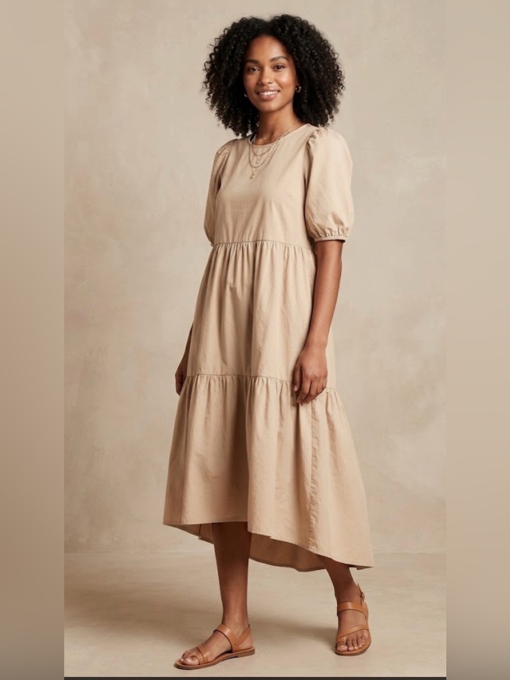 Zara Taupe High-Low Puff Sleeve Tiered Dress xs